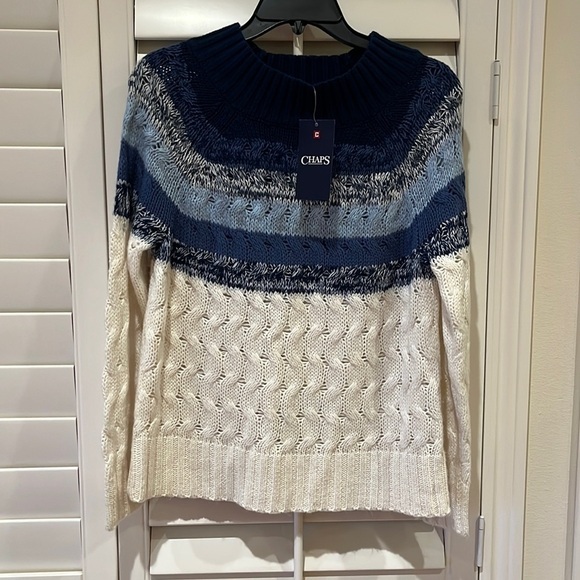 NWT CHAPS Chunky Cable Knit Sweater BlueCream Multi Color Size S - Picture 2 of 10